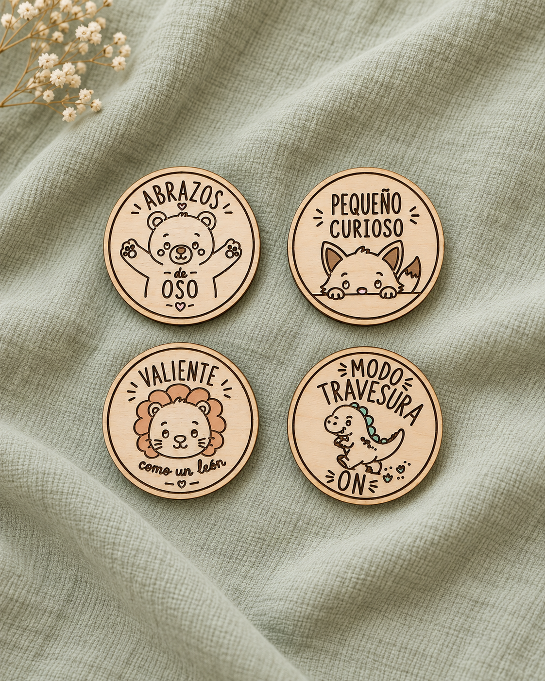 Chapas infantiles de madera con imperdible