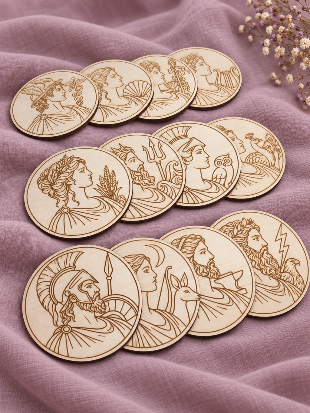 Set de 12 posavasos de los dioses griegos en madera