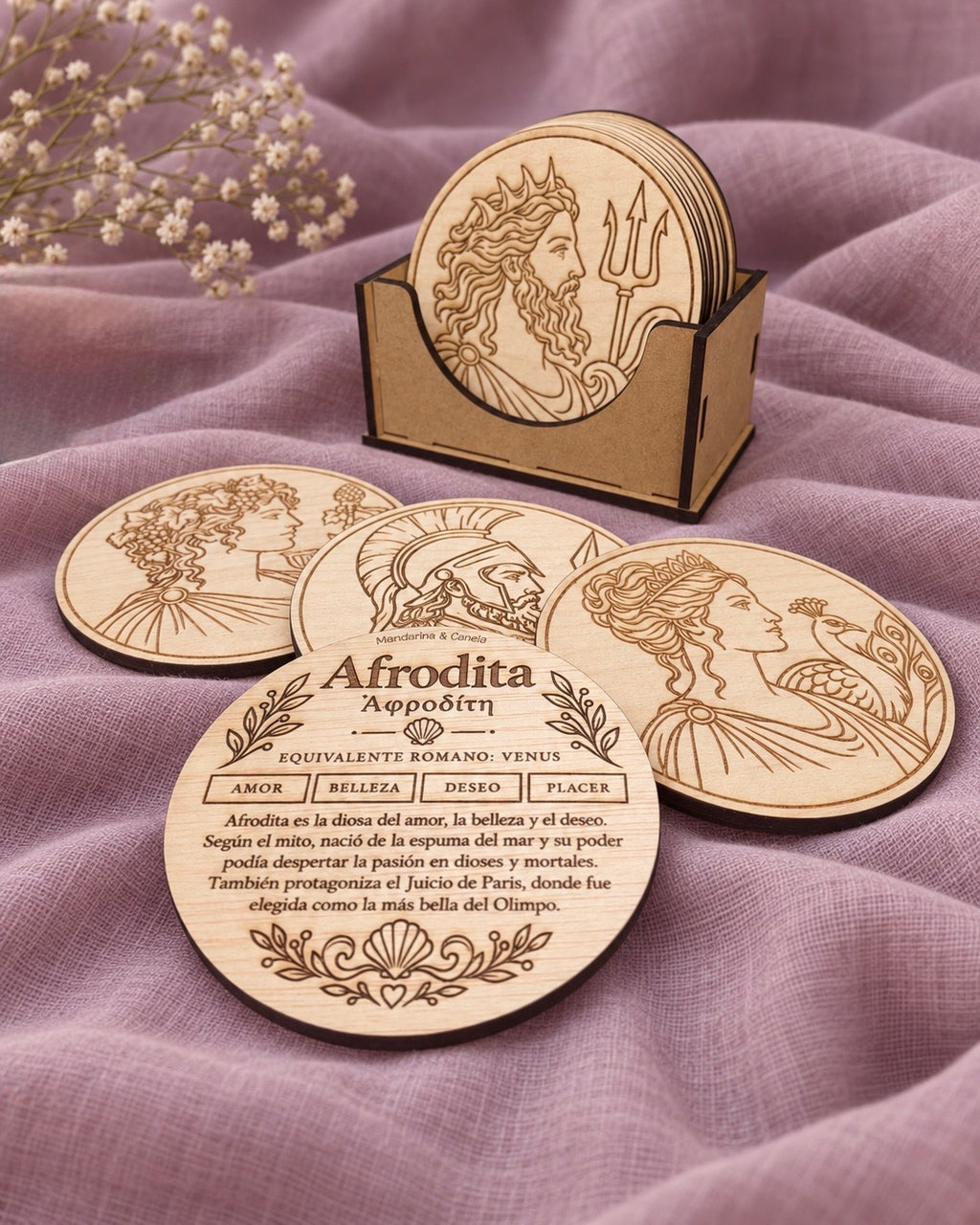 Set de 12 posavasos de los dioses griegos en madera