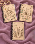 Libretas de madera artesanales Alma Mágica con diseños Sol, Ojo Místico y Brujita